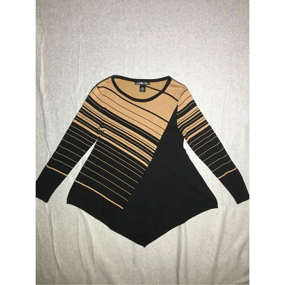 Womens Vintage Sweater Size Medium Asymmetric Hem Brown Black Casual